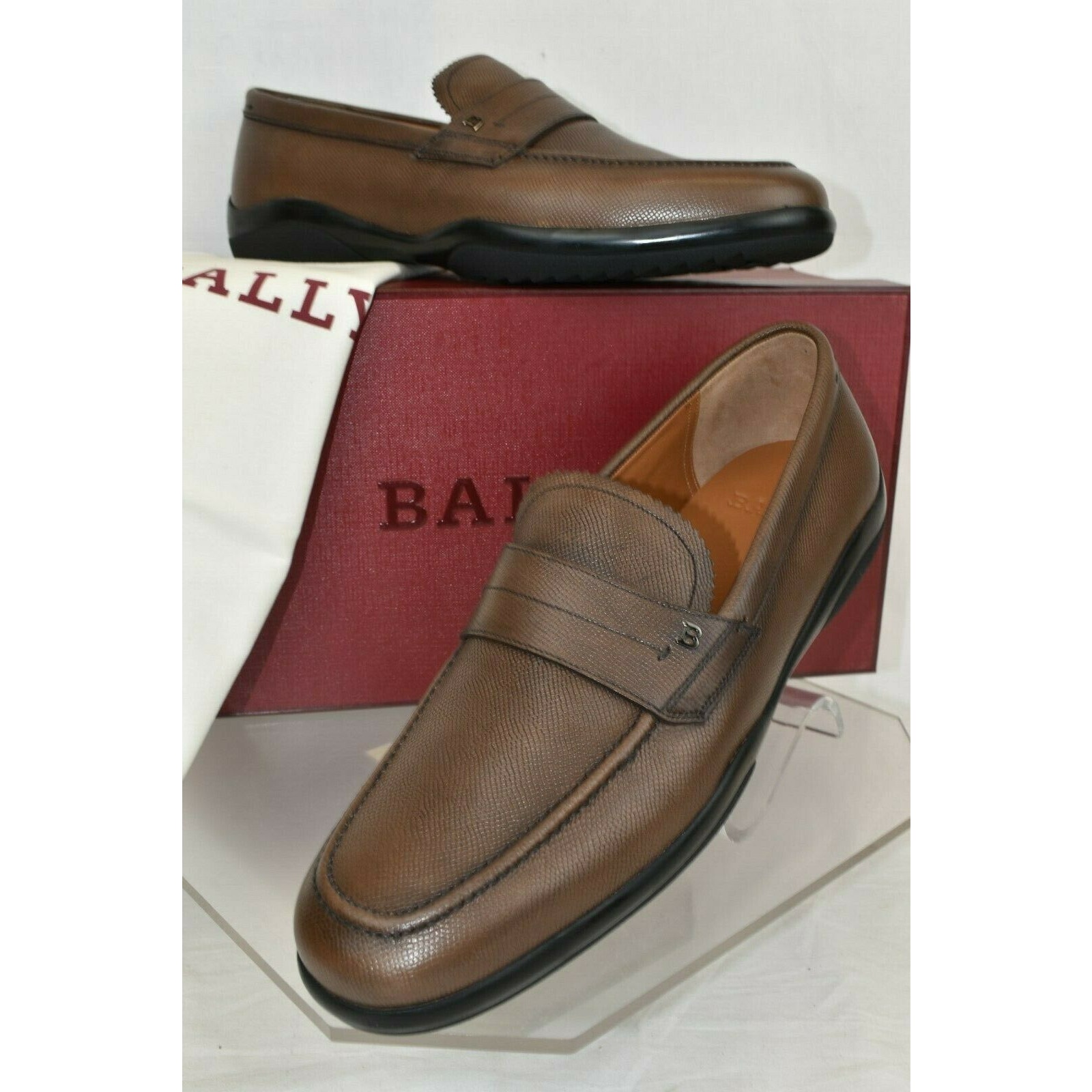 BALLY MILNO BROWN SAFFIANO LEATHER LOGO CLASSIC PENNY SLIP ON LOAFERS 10.5 D