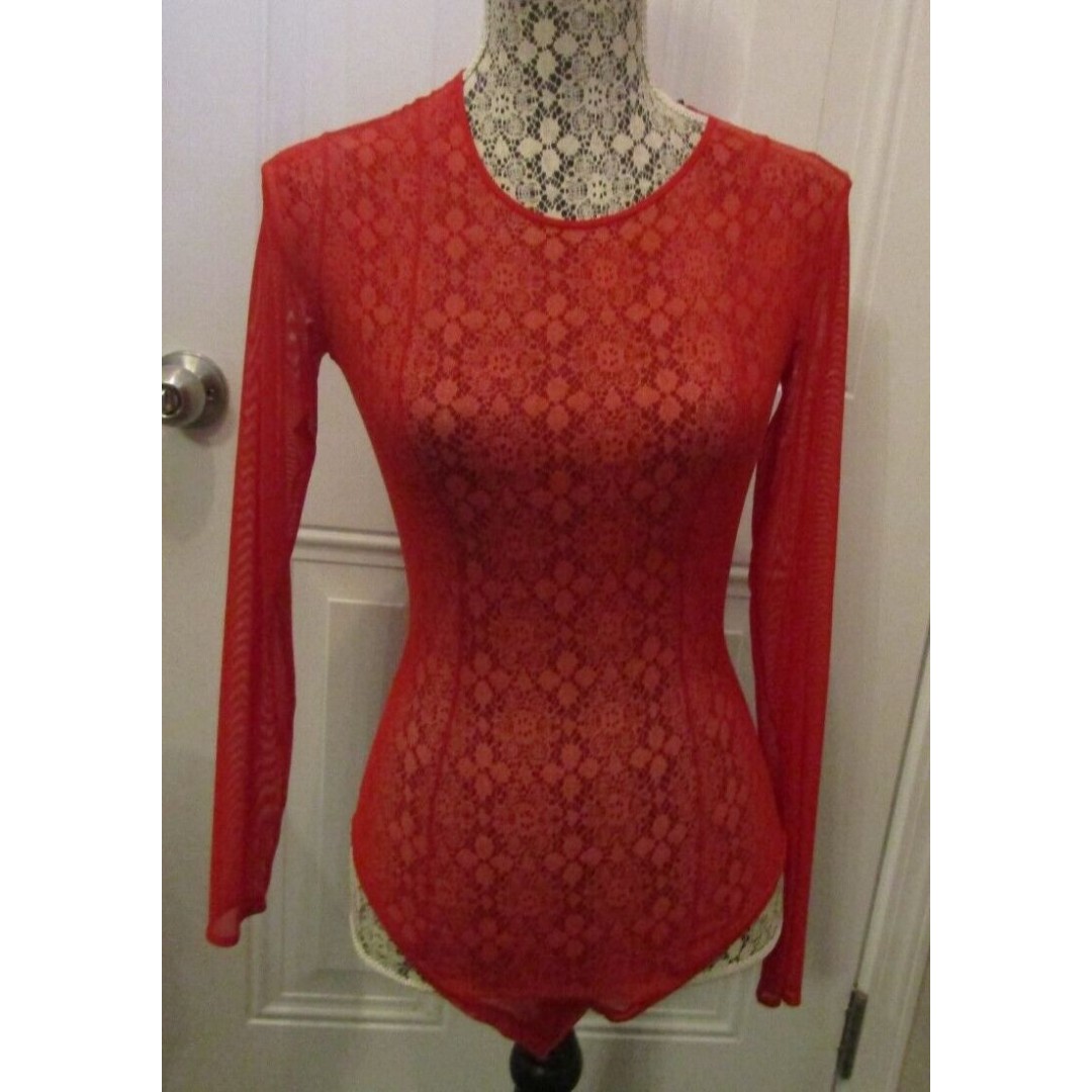 NWT Murmur Designer Red Sheer Long Sleeve Bodysuit Top Retail 381 Size 36 US S