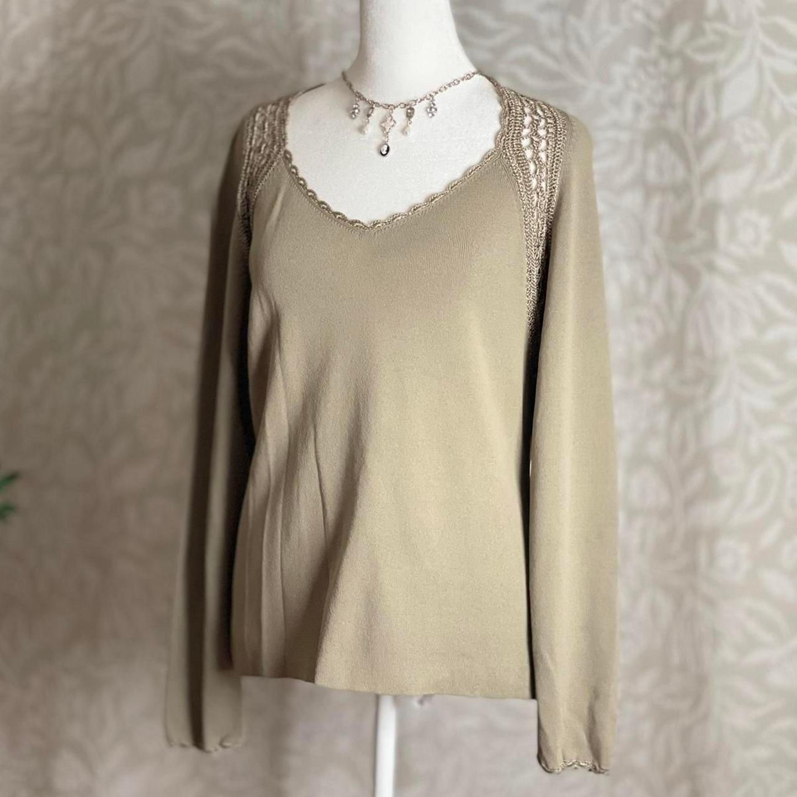 Jones New York Vintage Beige Crochet Detail Boho Minimalist Knit Top Size M