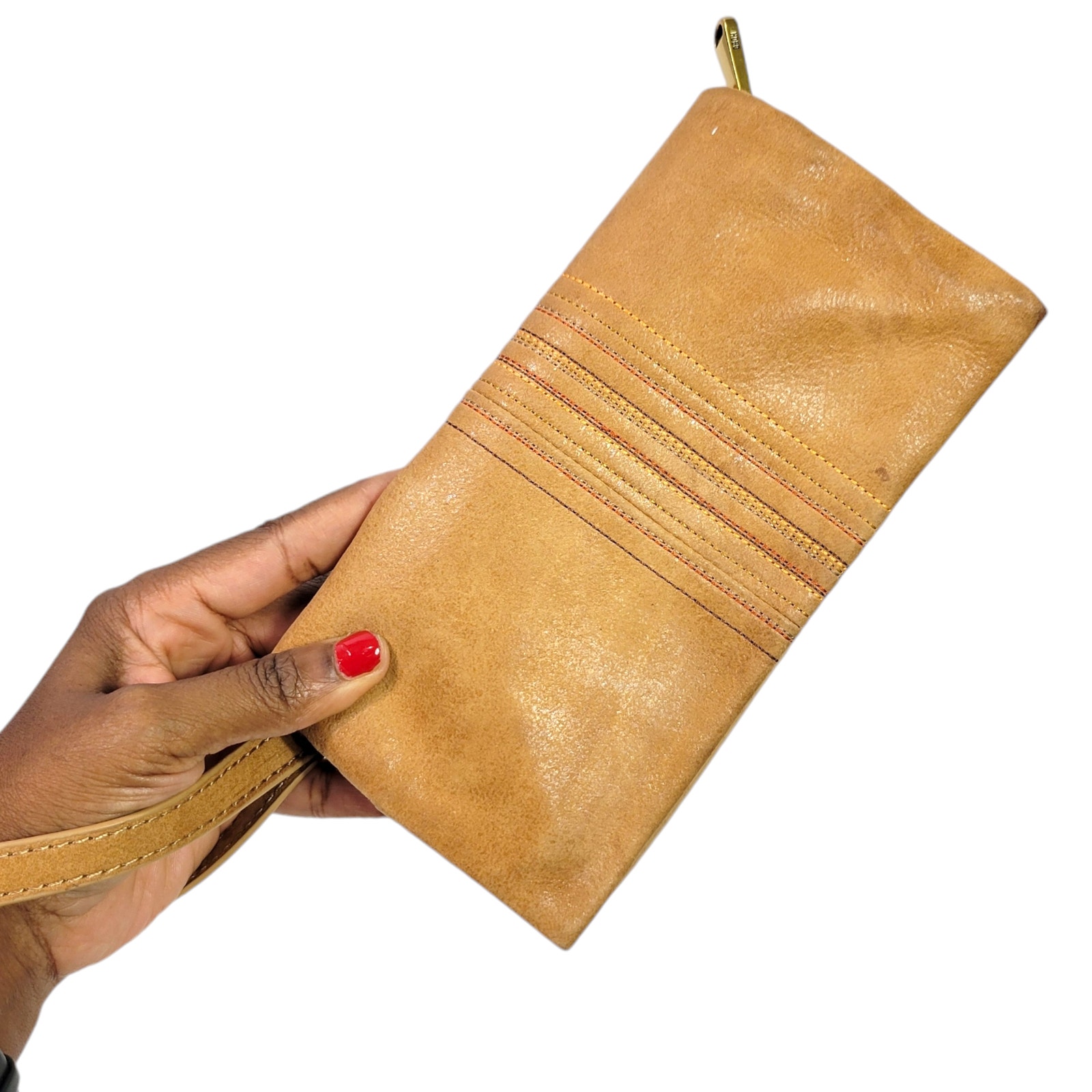Hobo Keen Continental Wallet Tan Linear Stitch Wristlet Trifold Leather Clutch