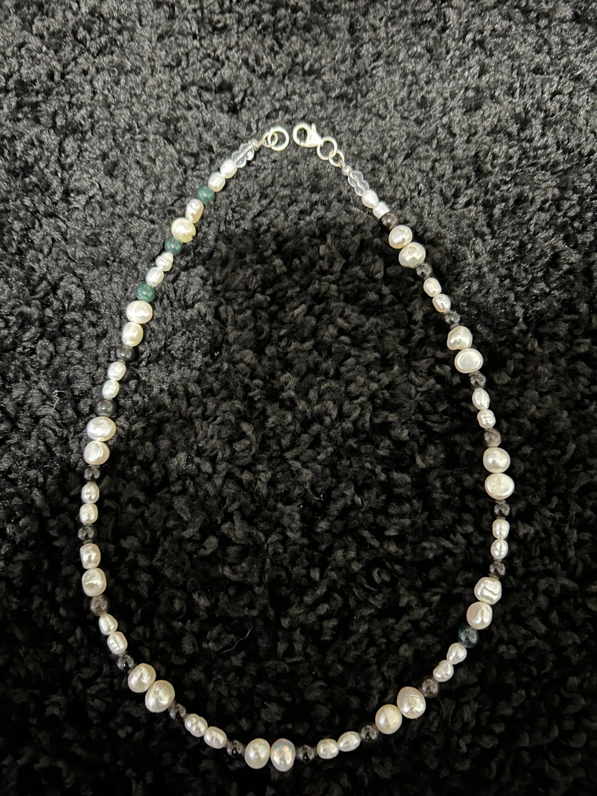 Handmade freshwater pearl and black jasper beaded necklace 925