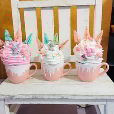 3 FAUX WHIP Bunnies, trees mushrooms Pink Easter dripping decor espresso mugs