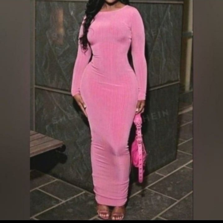 Pink rouched bodycon long sleeve pencil maxi dress sz Large