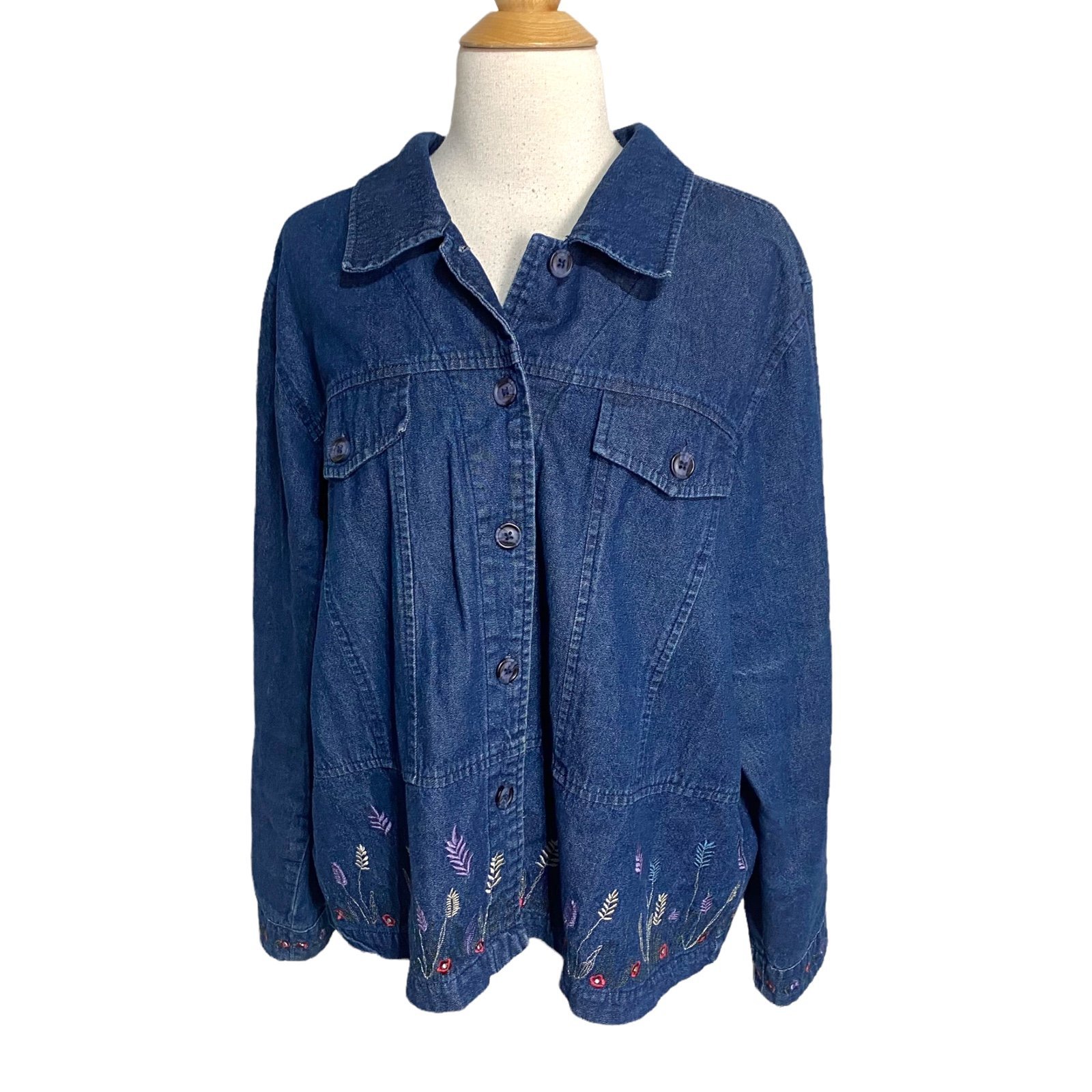 Denim & Co. 1X grannycore jean jacket with embroidered multicolor flowers