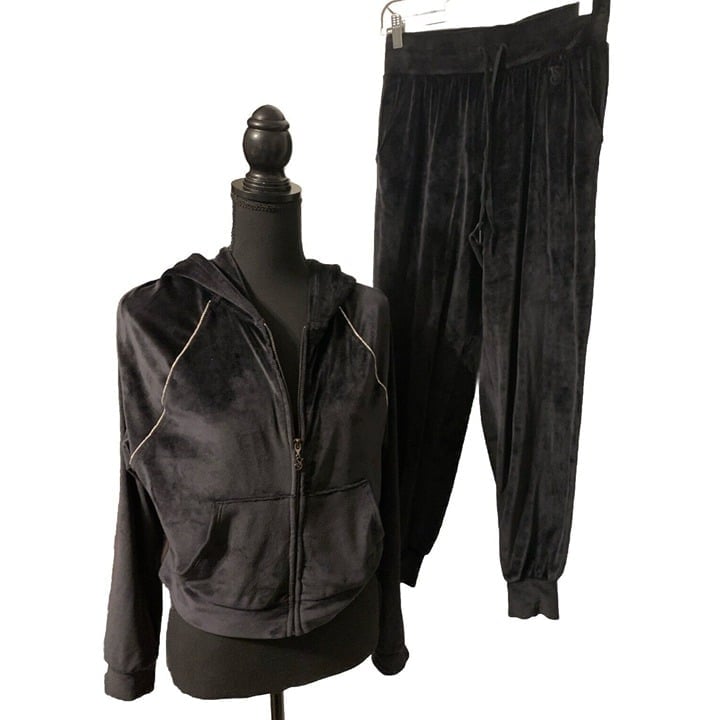 Victoria Secret Women Black Pants and Velour Hoodie Track Suit Set VSX Size SP