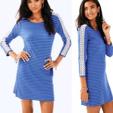 Lilly Pulitzer MARLOWE BECKON Blue BREEZE Striped Rib Knit Dress Crochet SMALL