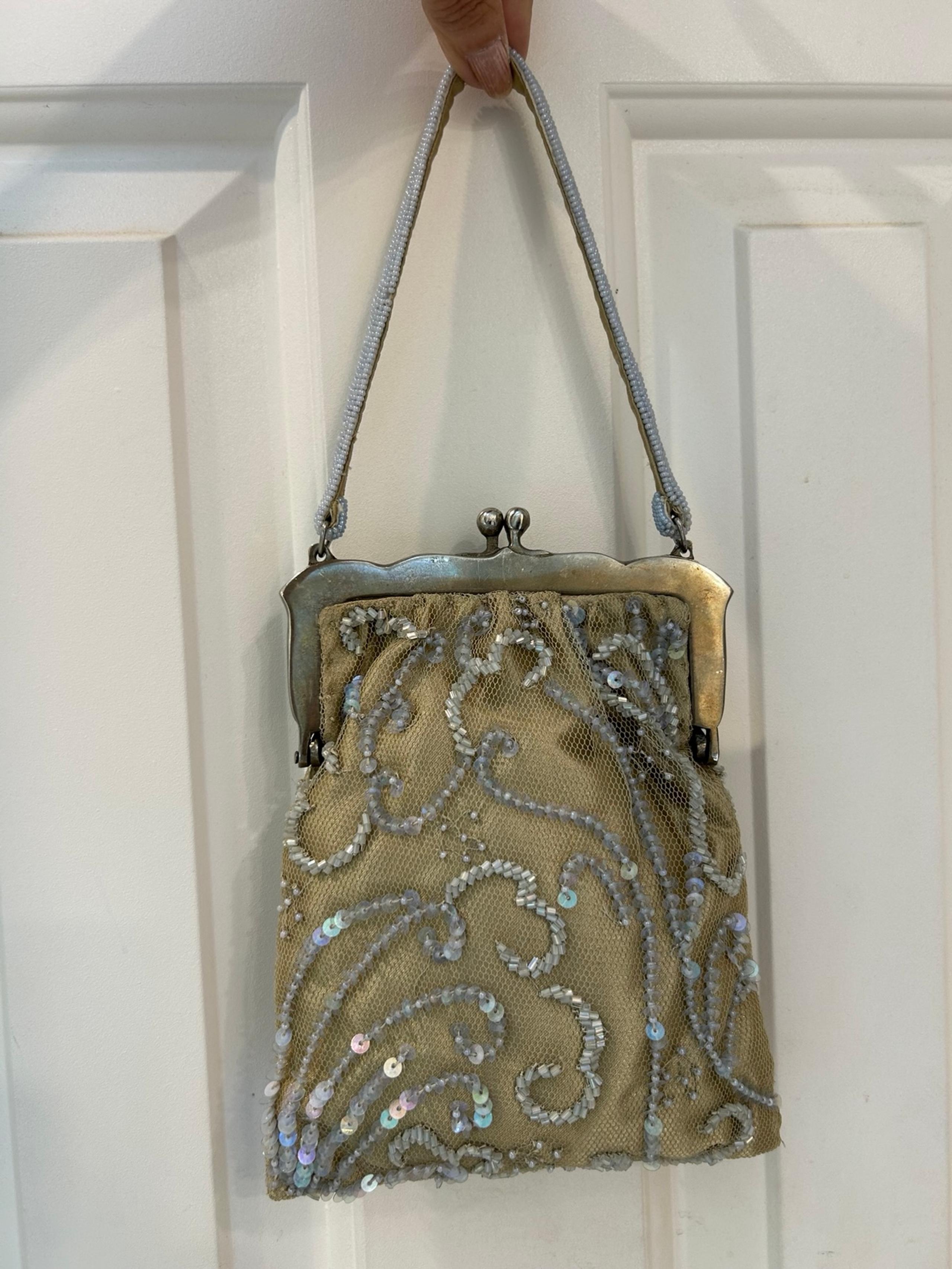 Saks Fifth Avenue Sequin Beaded Evening Purse with attached mirror, clip top