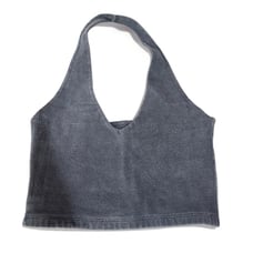 blue halter top with a deep V neckline and straps. Made from 100% cotton.
