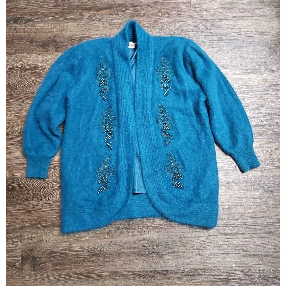 Jamie Teal Blue Angora Open-Front Long-sleeve Cardigan/Sweater Medium