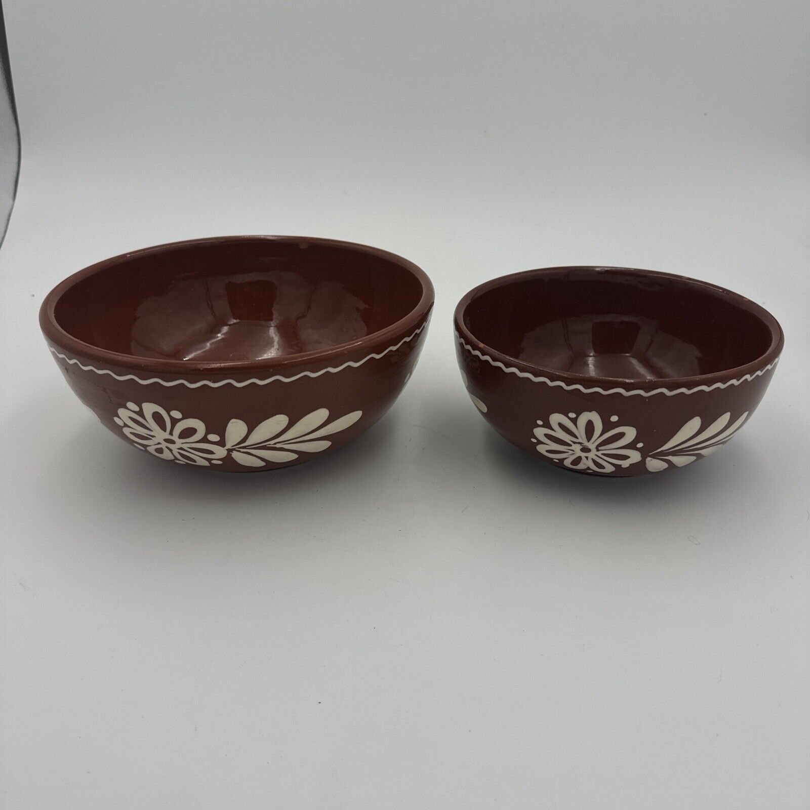 Vintage Hand Painted Redware Red Clay Glazed Asian Serving Bowl Set of 2
