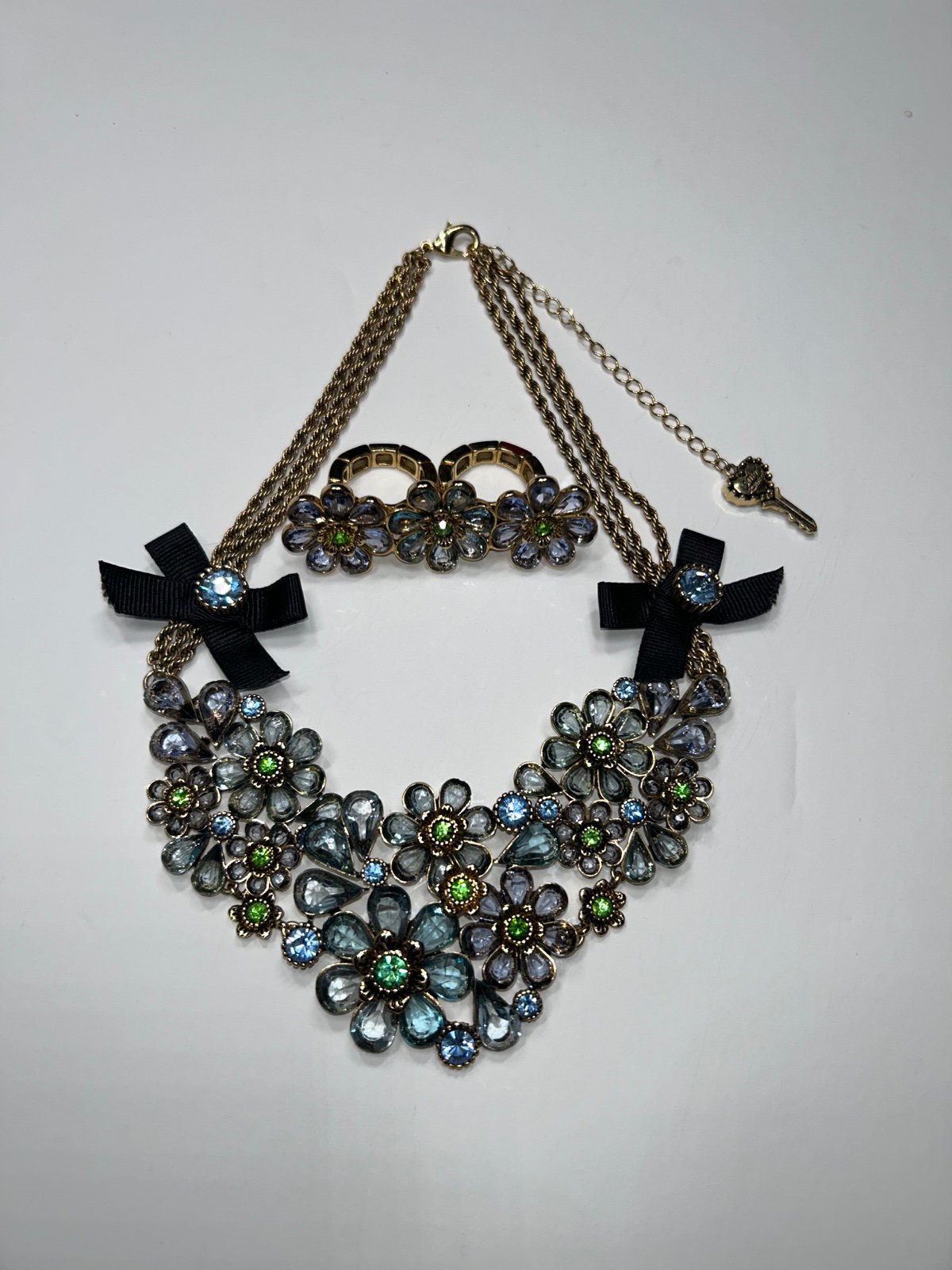 Betsey Johnson Spring Bloom Glass Flower Cluster Statement Necklace + Ring Set