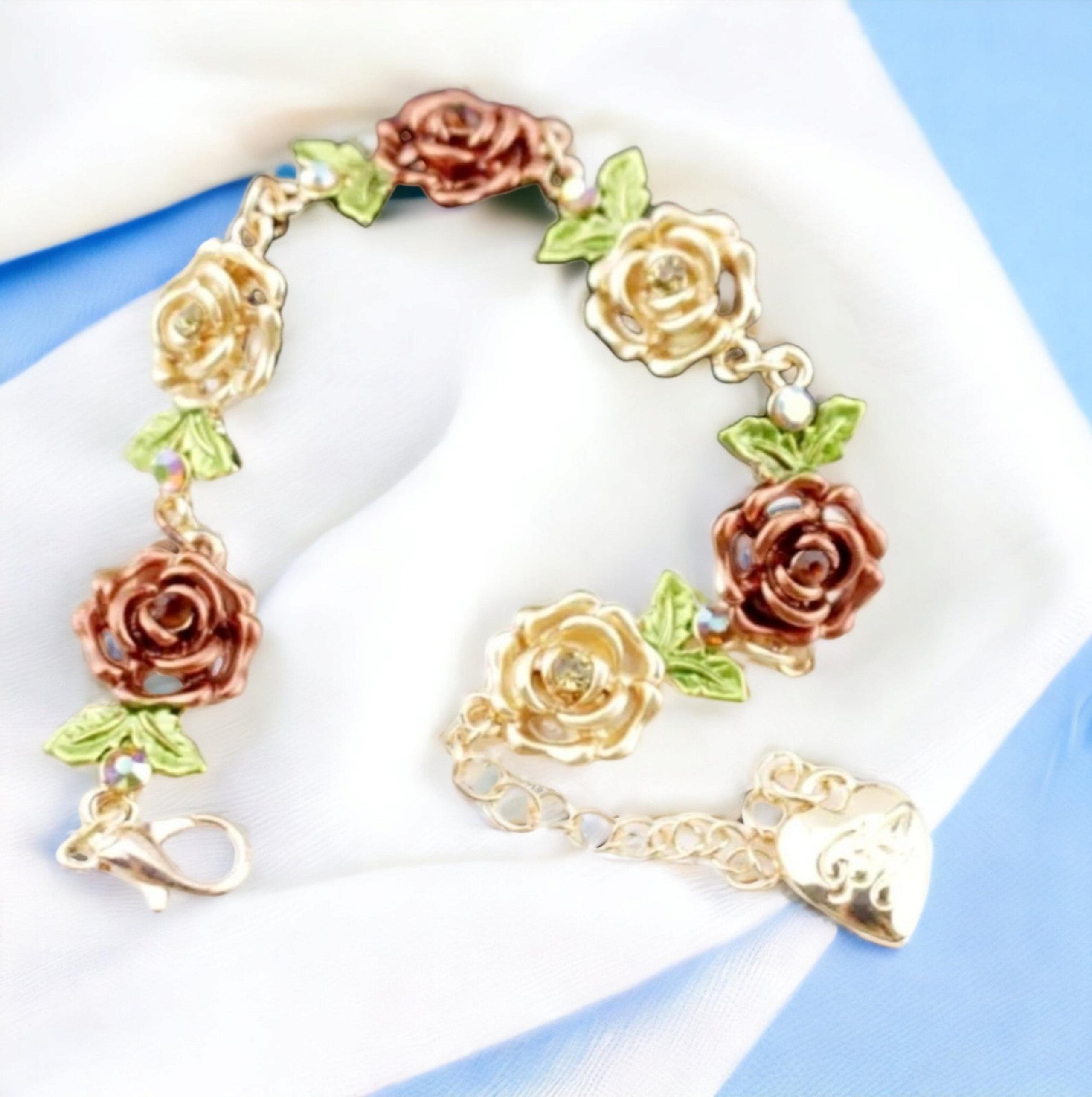 #1579 Gold multicolor crystal flower bracelet with adjustable chain