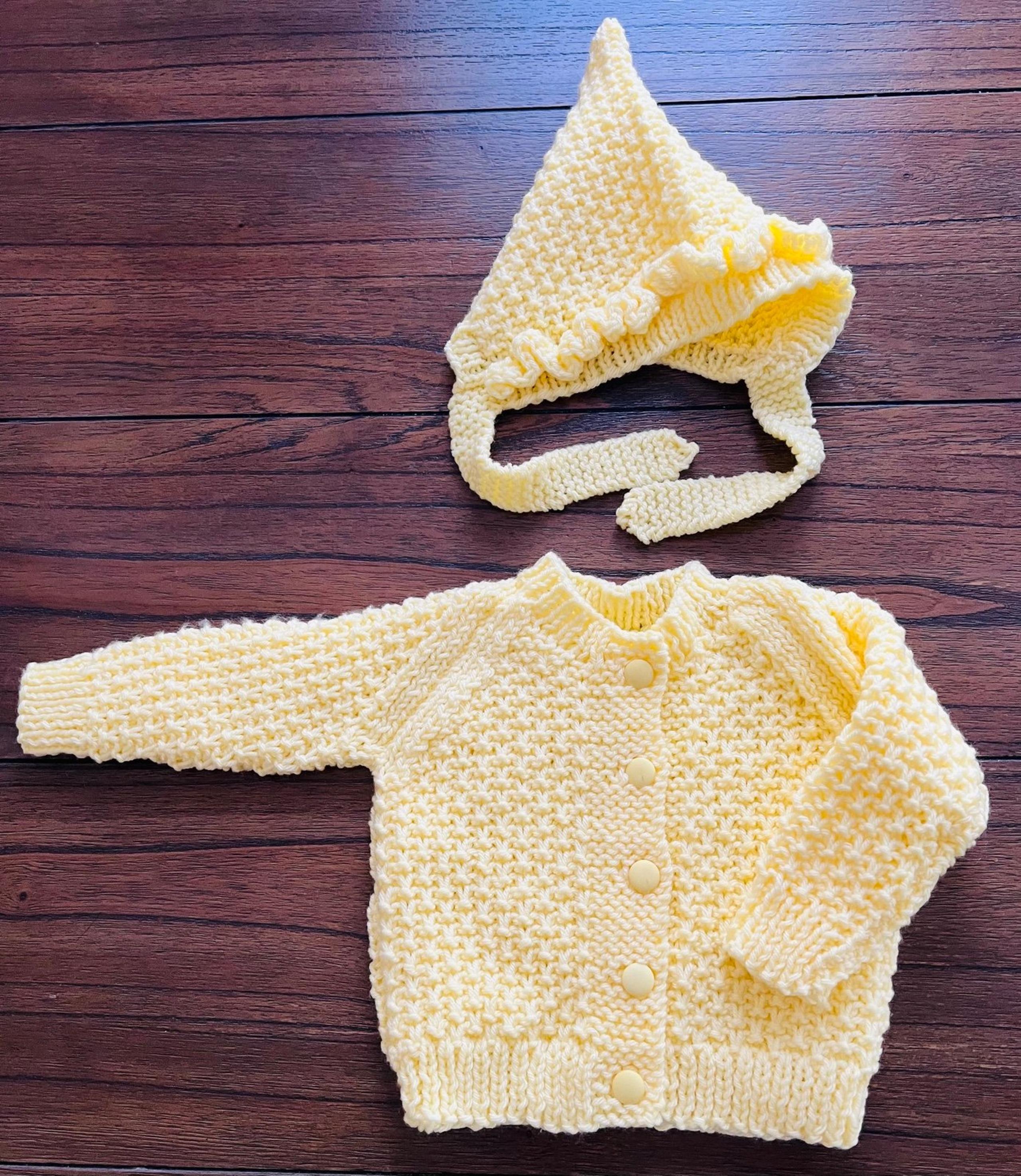 Handmade yellow knitted sweater and hat, size 3-6