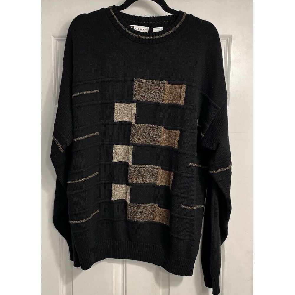 Vtg Bachrach 80s 3D Knit Pullover USA Made Sweater XL Black Grandpa Read