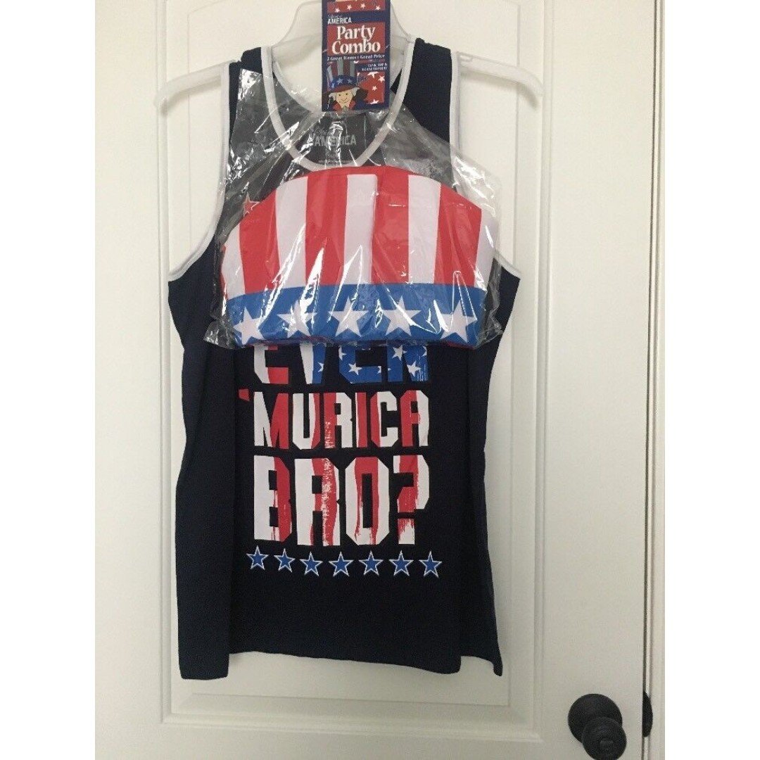 2pcs Spirit Of America Men’s Set Outfit Shirt Foam Hat Patriotic Size L 42/44