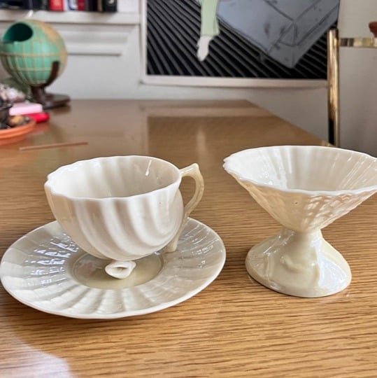BELLEEK NEPTUNE SEASHELL TEA CUP & CORAL TRINKET DISH 6th and 7th mark lot