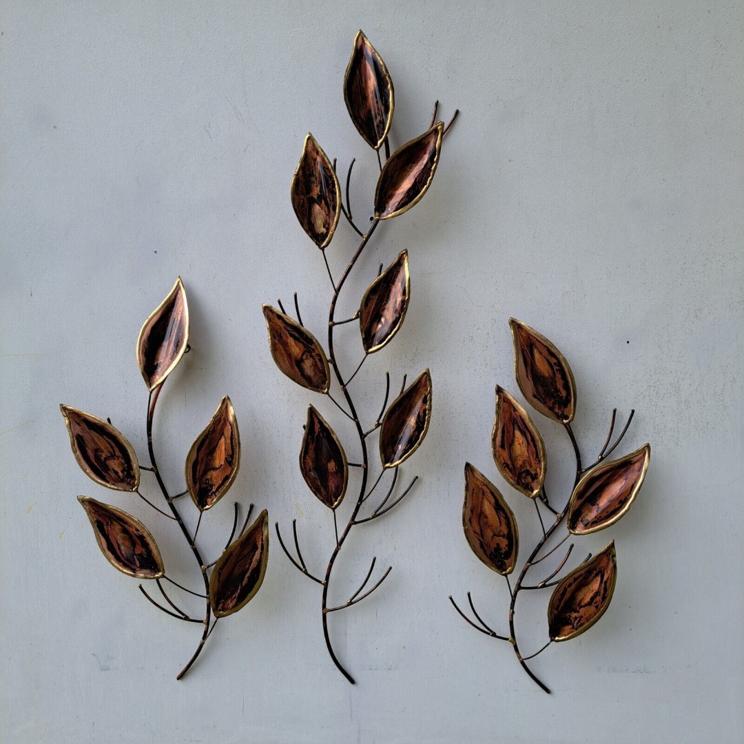 Copper & Brass Seven Leaves on a Branch & 2 Five Leaf Branches Wall Sculpture