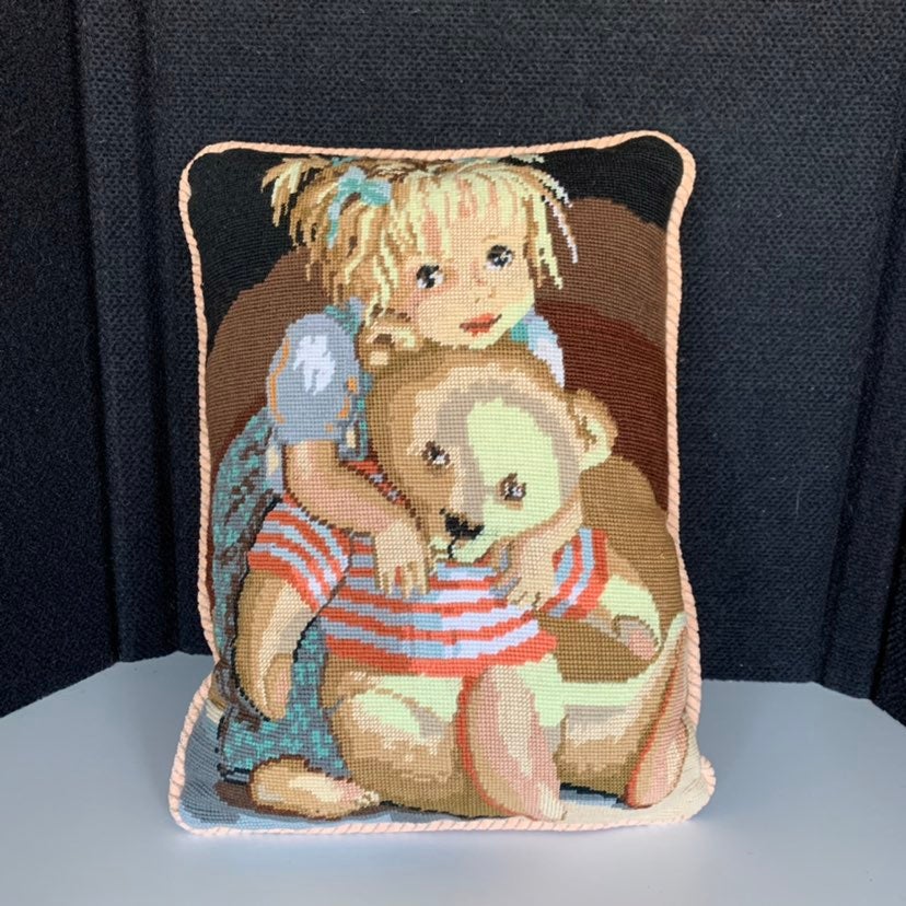 Vintage Needlepoint Child Girl Bear Nursery 17x12 Pillow. Beautiful Images. A