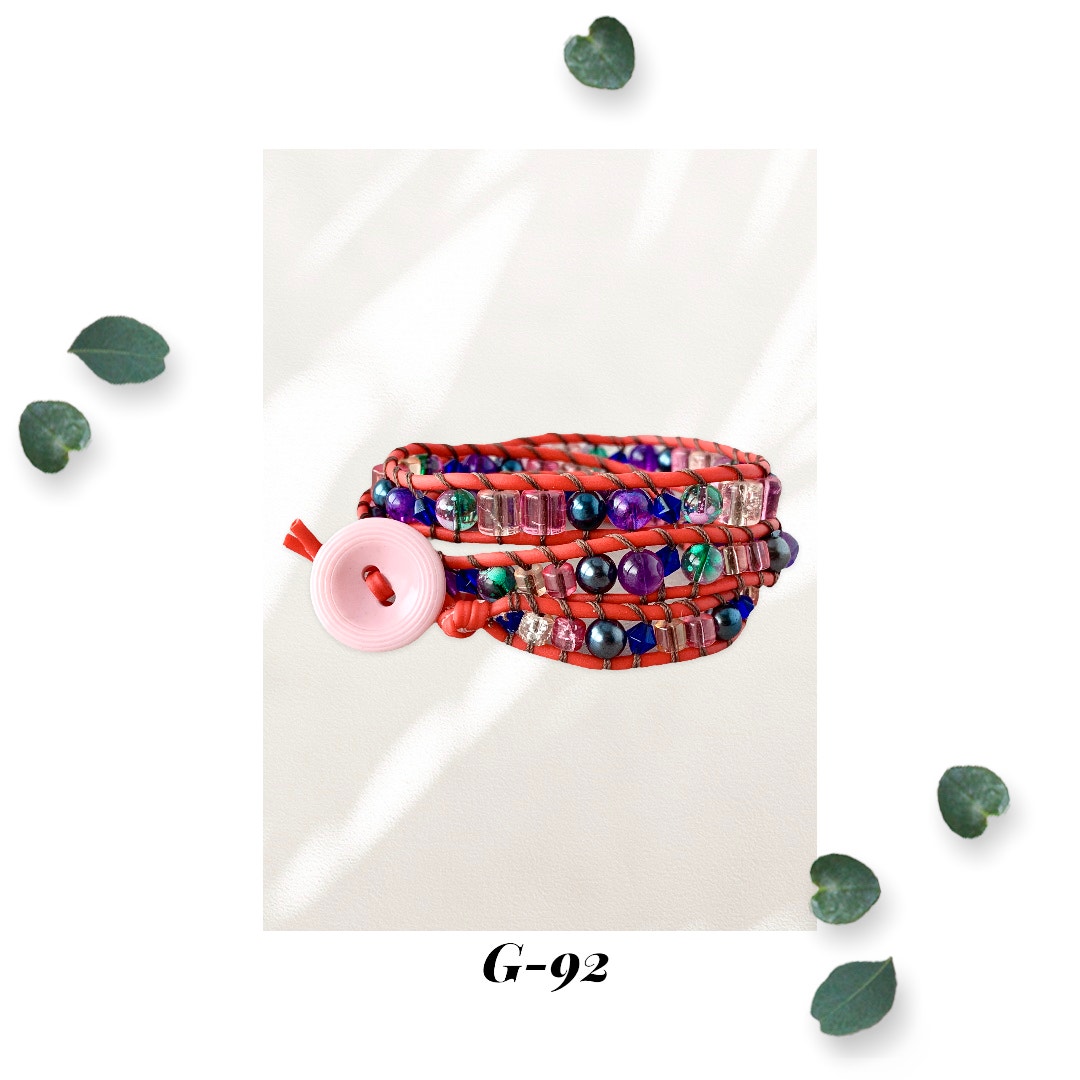 Glass Beaded Triple Wrap Bracelet - Pink Vintage Button - Three Strand - Red