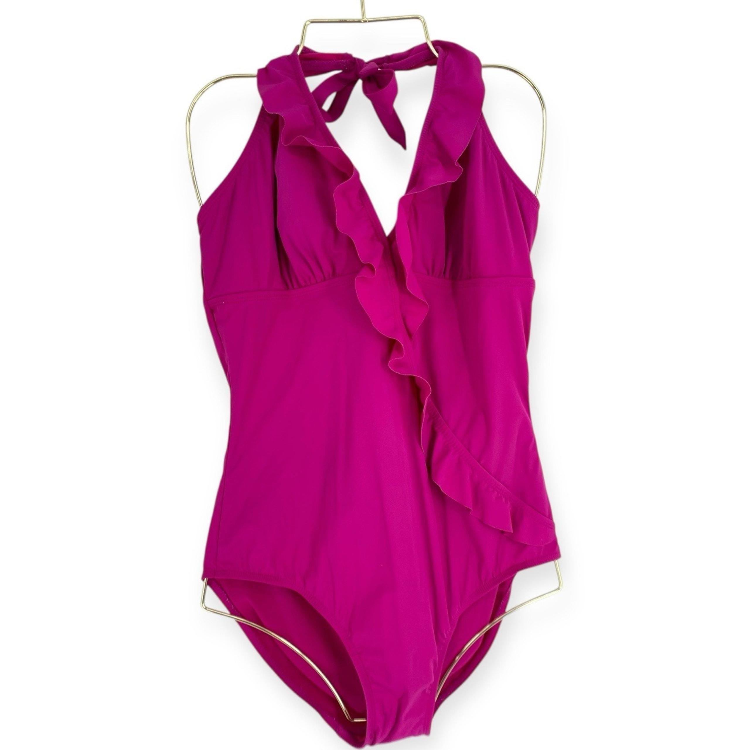 Spanx Assets By Sara Blakely Swimsuit L Bright Pink One Piece Ruffled Halter