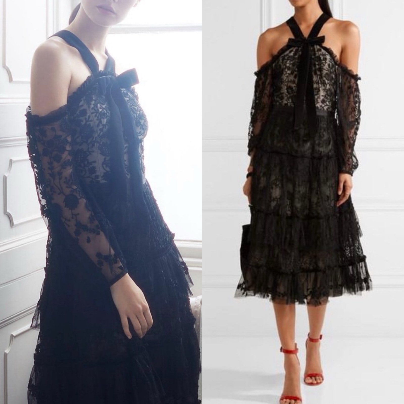 NEEDLE & THREAD Primrose Tulle Cold Shoulder Midi Dress in Black Sz 2 US