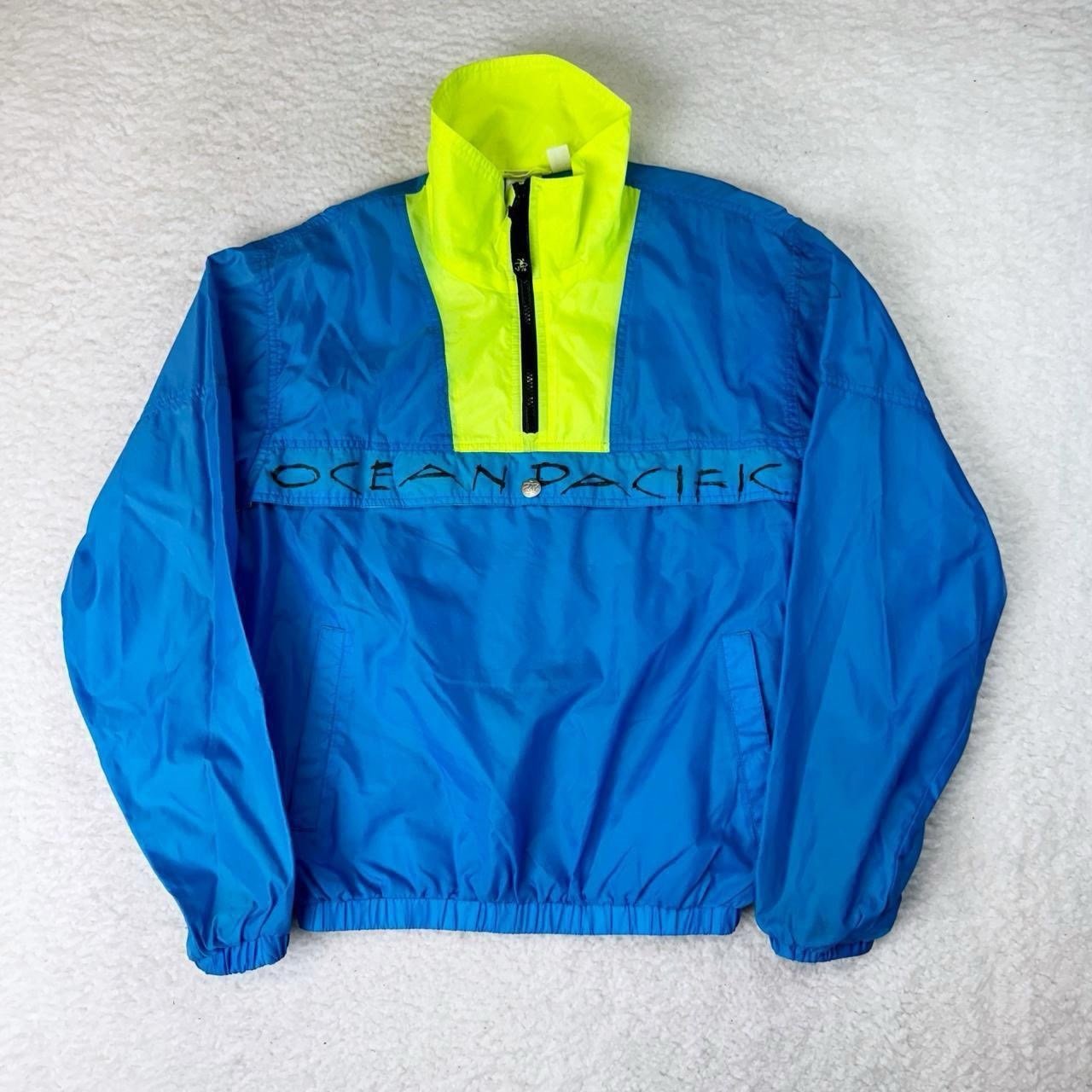 Vintage OP Ocean Pacific Retro Blue Neon Yellow Lightweight Pullover Windbreaker