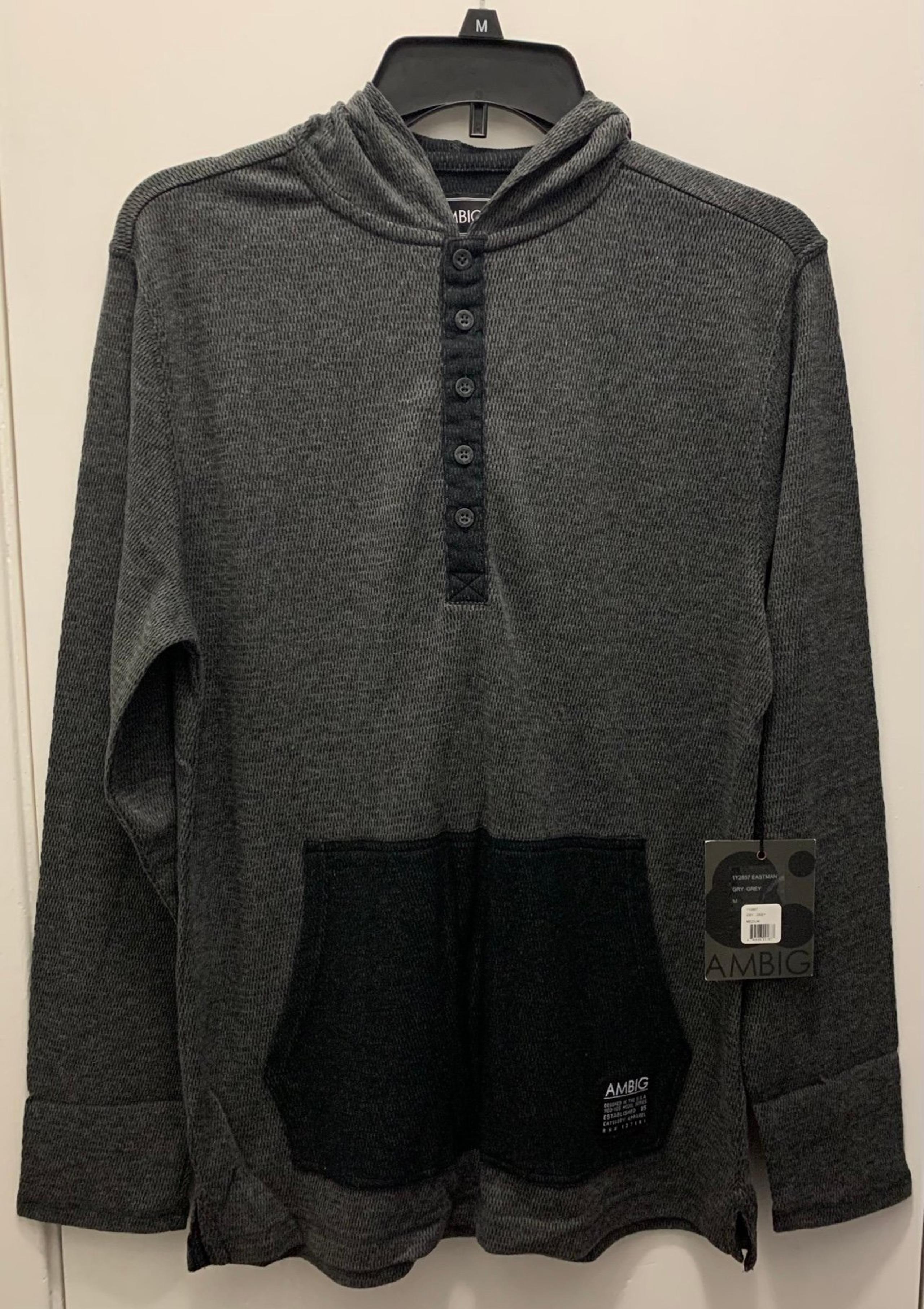 AMBIG AMBIGUOUS CLOTHING EASTMAN HOODED HENLEY LONG SLEEVE SHIRT MEN MEDIUM GREY