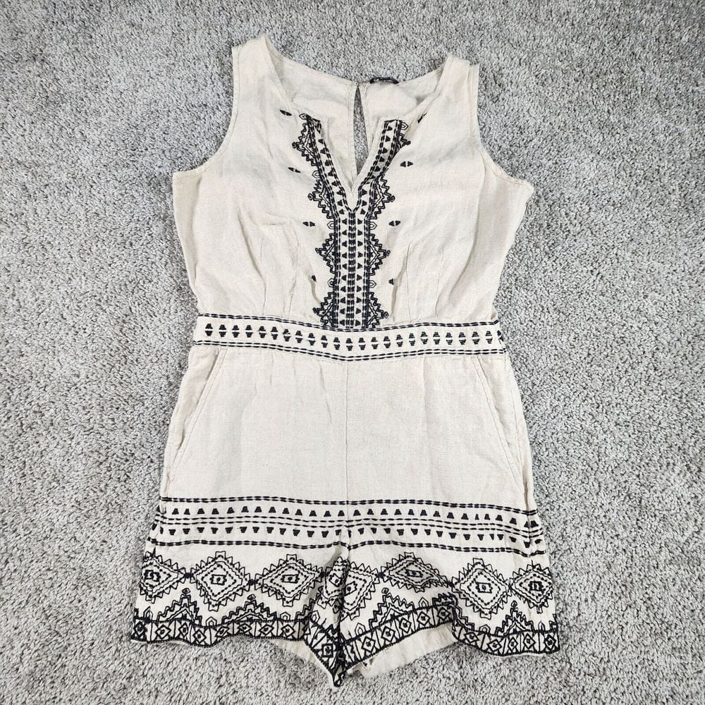 Ann Taylor Loft Romper Sz 6 Petite 100% Linen Beige Floral Eyelet Cocktail Flax