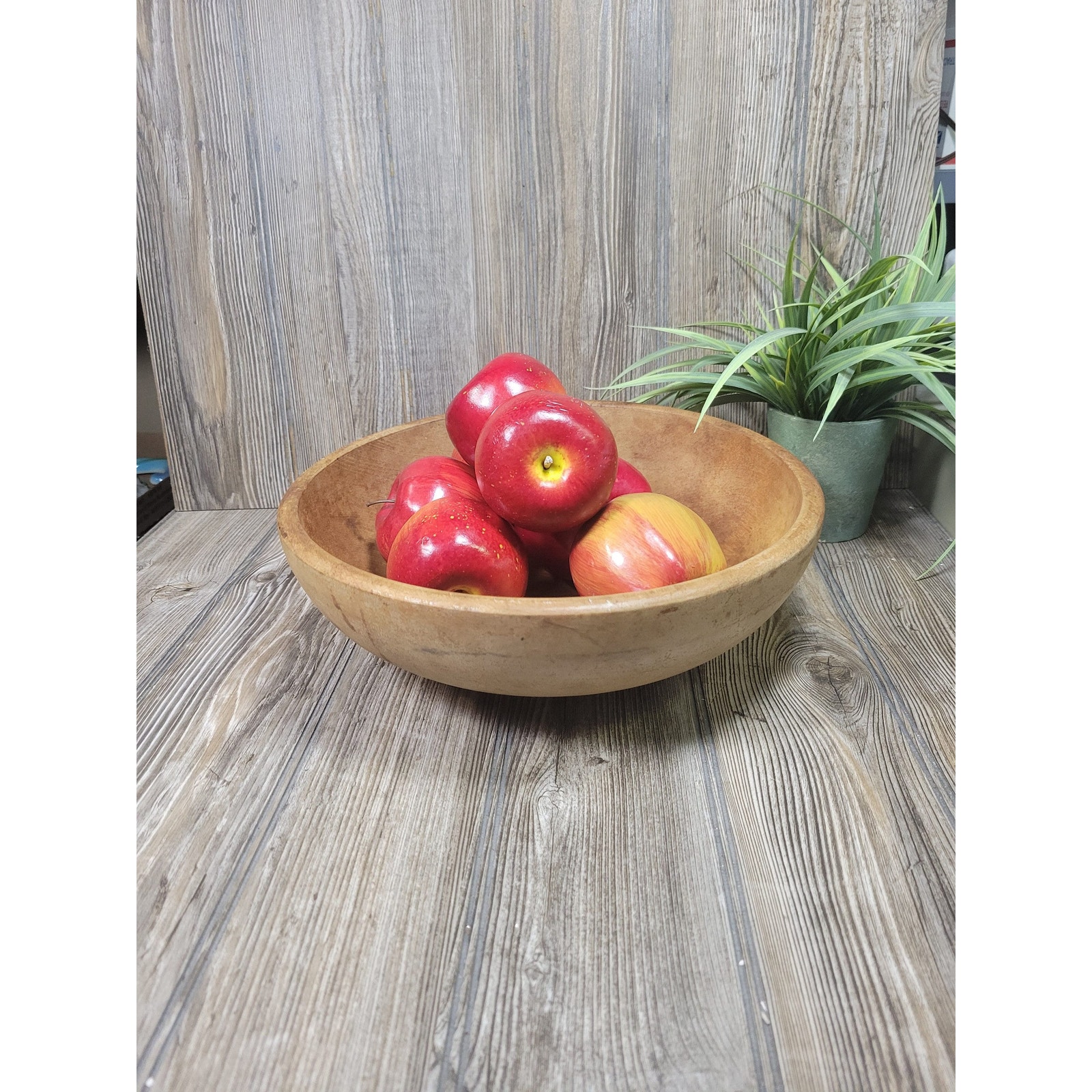 Vintage Round Wooden Bowl, Primitive Condition 12