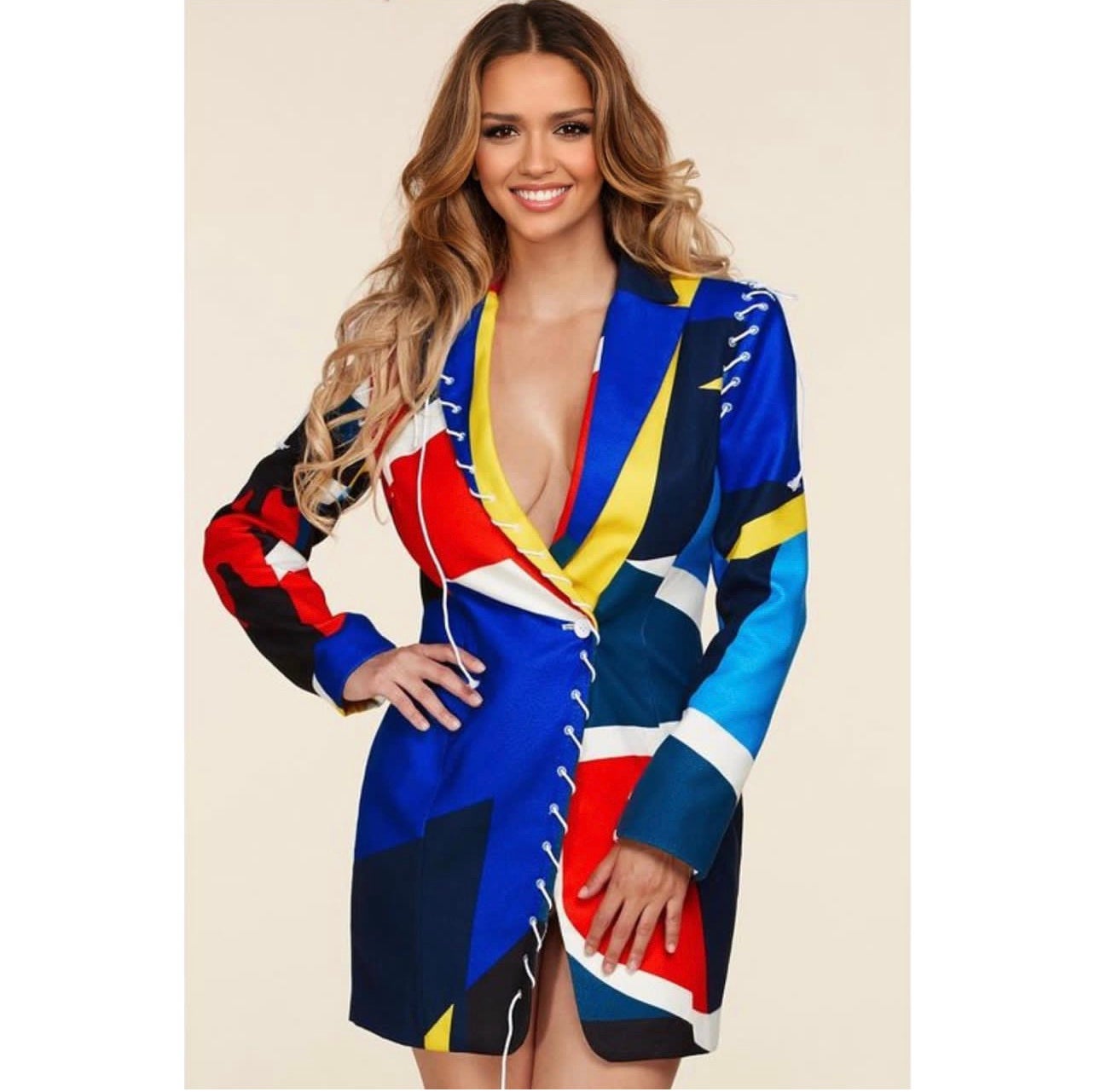 MULTI-COLOR ABSTRACT BLAZER MINI DRESS
