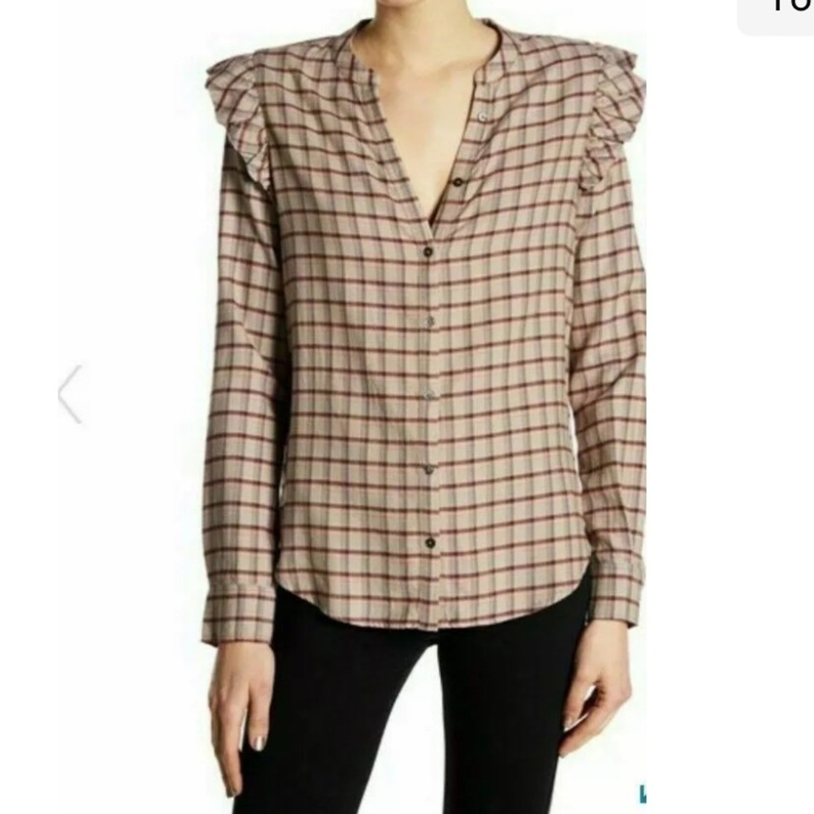 Paige Jenelle Ruffle Shoulders Plaid Long Sleeve Button Down Shirt Size M