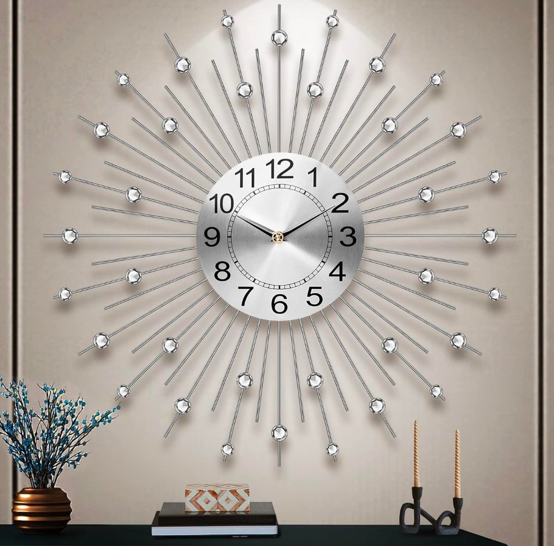 Large Crystal Metal Wall Clock,Silent, Battery Operated, Non-Ticking, Silver