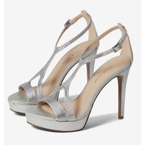 Pelle Moda Onora Sandal Size 9 Silver Metallic Suede Ankle Strap Rhinestone