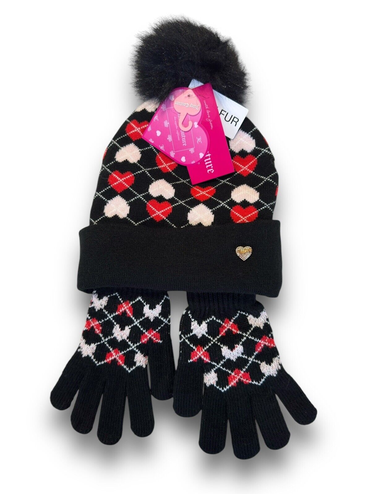 JUICY COUTURE BEANIE HAT & GLOVES SET BlACK RED PINK W HEARTS ONE SIZE