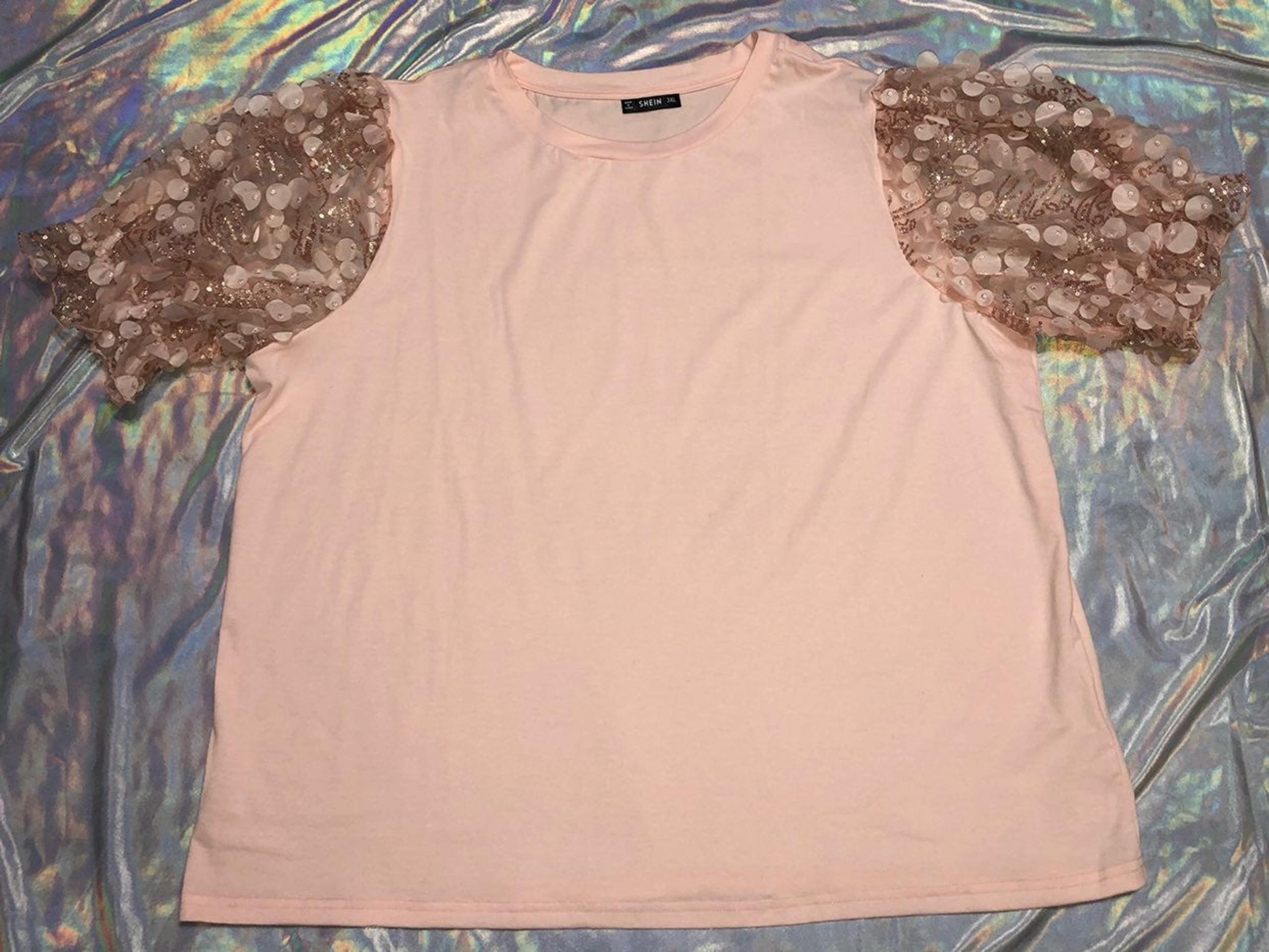 SHEIN Round Neck Appliques Mesh Sleeve