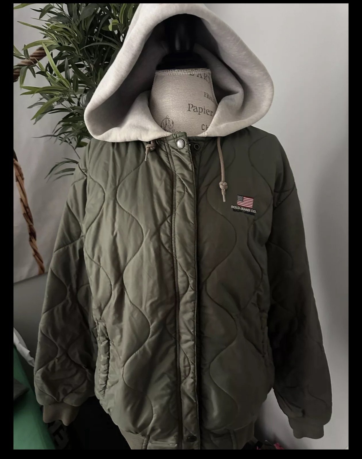 RALPH LAUREN Polo Coat Size Large Zip Hoodie Quilted Puffer Jacket Vintage 90’s