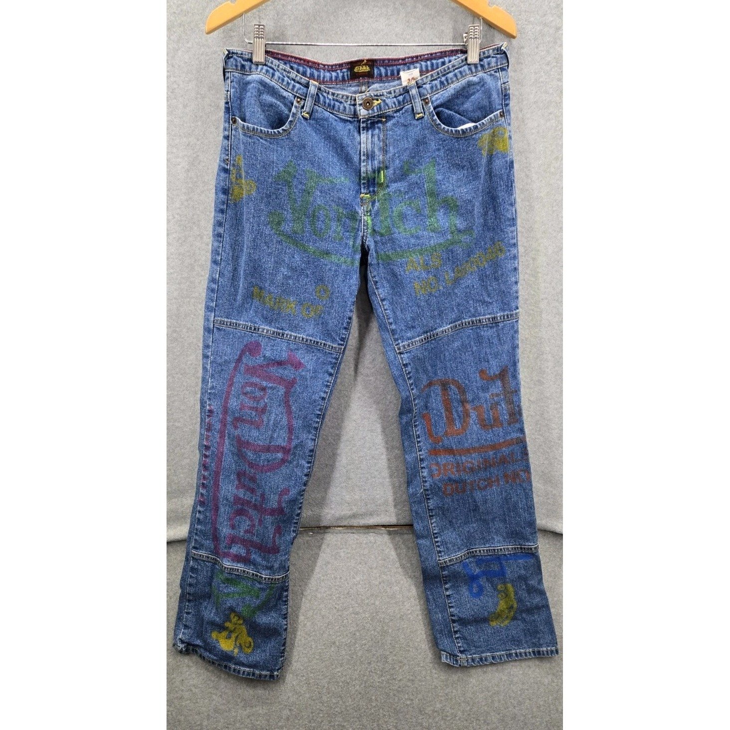 Retro Y2K VON DUTCH Originals Painted Graffiti Blue Wide Leg Jeans Size 15