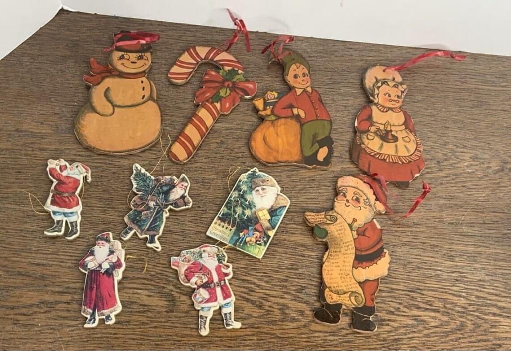 Lot of 10 Vintage Wooden Santa Elf Cardboard Flat Wood Christmas Tree Ornaments