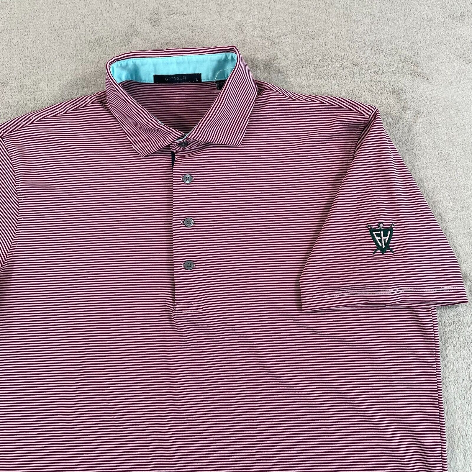 Greyson Polo Shirt Men Large Purple Striped Performance w/ Wolf Logo FH Golf