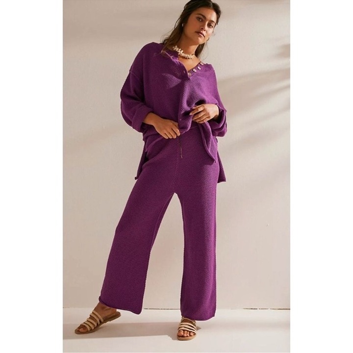 New Free People Hailee Sweater Set Two Piece Matching Pants in Purple Grape