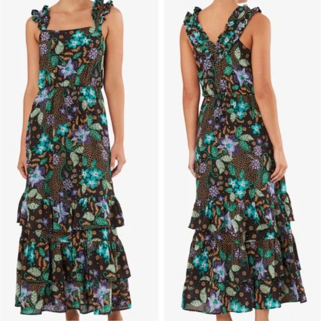 warm Charleston 100% Silk Maxi Dress in Black and Purple Floral - Size 1/ Small