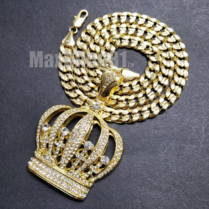 Hip Hop King Crown Pendant & 14K Stamped Brass 10mm 24 Cuban Chain Necklace