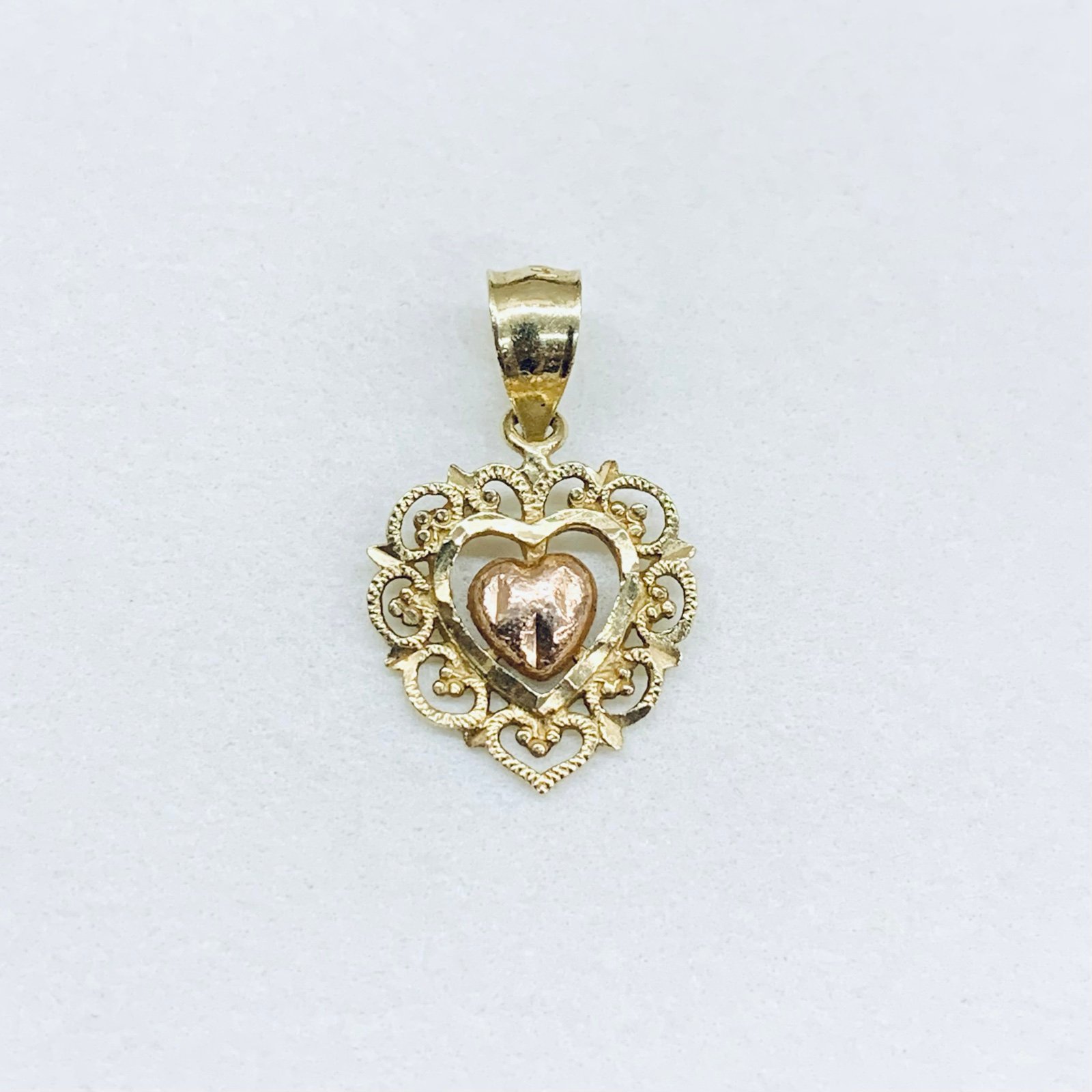 14k Yellow Gold Rose Gold Heart Diamond Cut 2 Tone Filigree Halo Pendant Charm