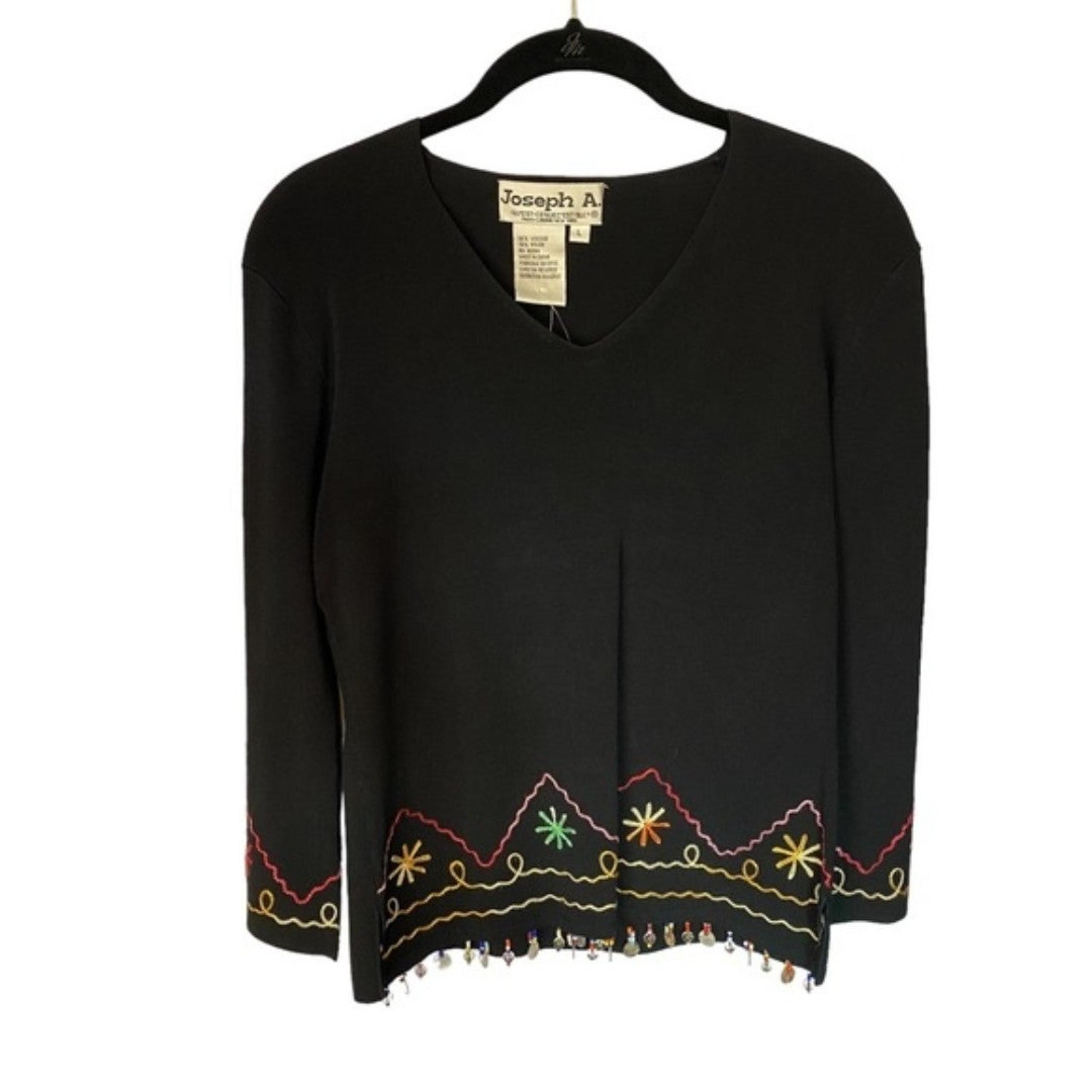 New Joseph A Knit Top with Beading and Embroidery, size Large, beaded tassel hem
