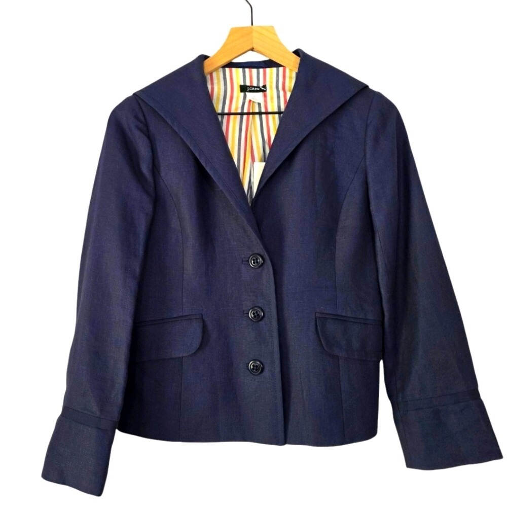 J. Crew 100% Linen Sailor 3 Button Blazer Striped Silk Blend Lining Size 0 NWT
