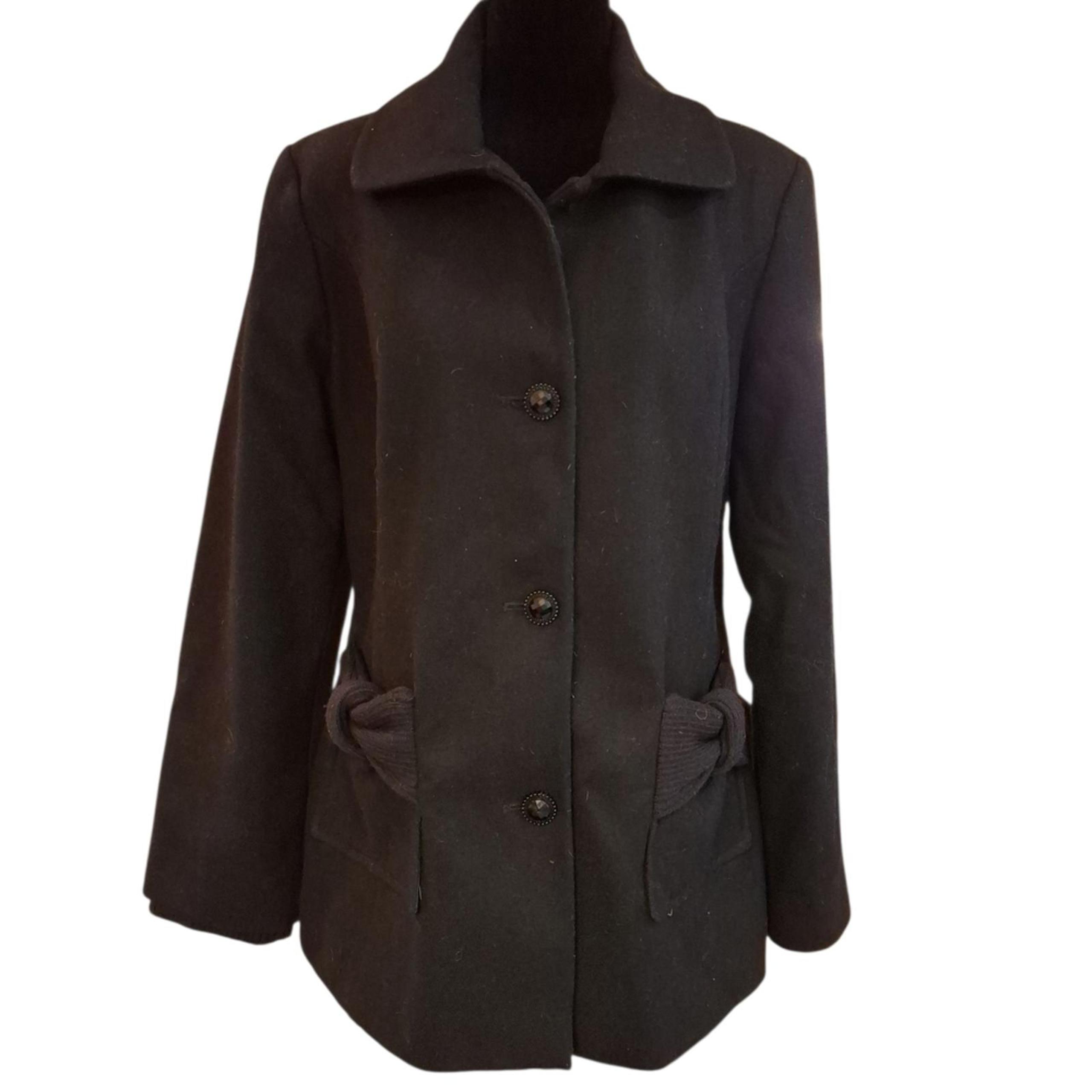 "Betsey Johnson" Sz 12 Black Pea Coat with Bow Pockets and Tailored Silhouette.
