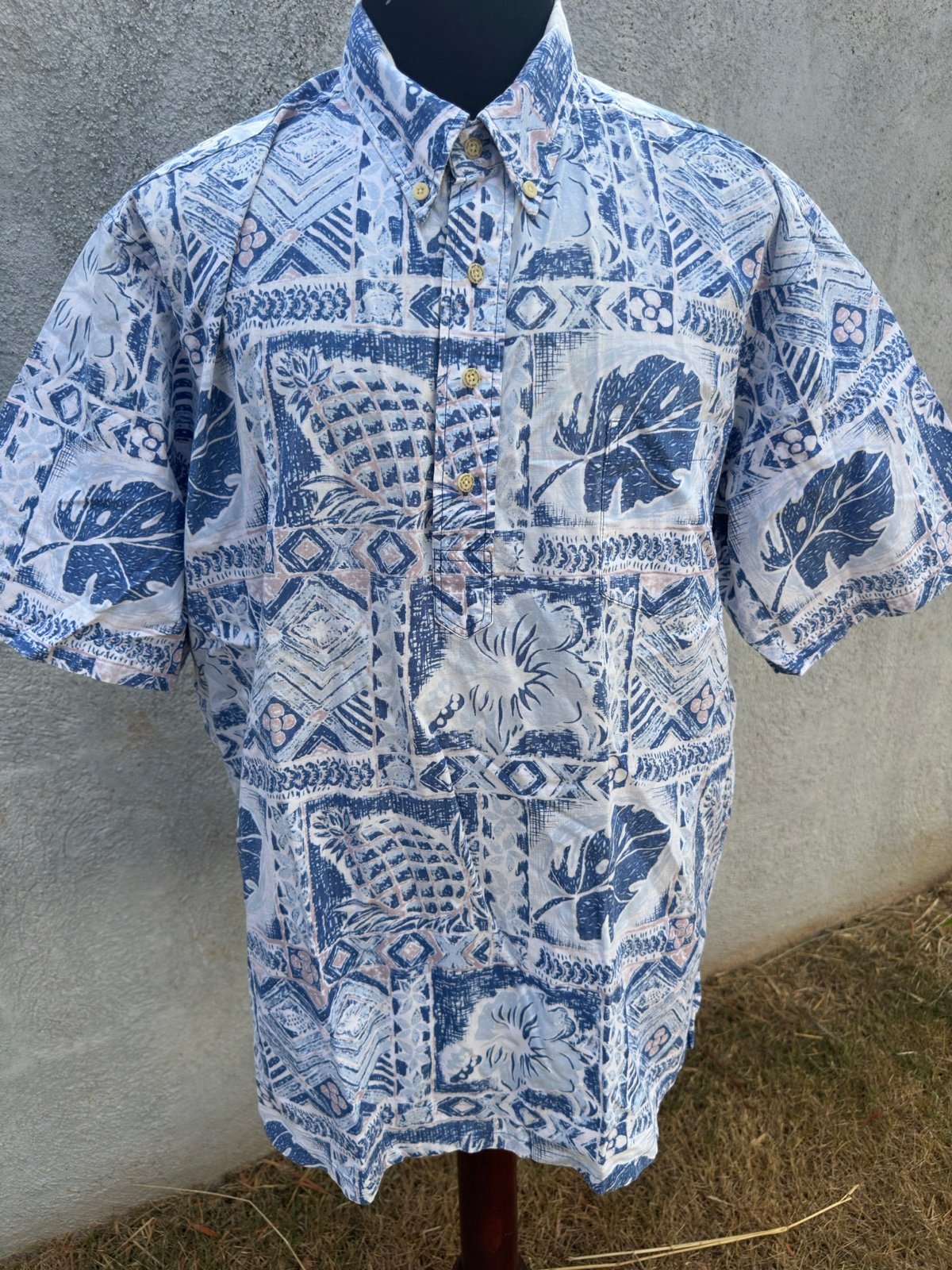 PreOwned Reyn Spooner Blue/White Hawaiian Print 3/4 Button Men's XXL