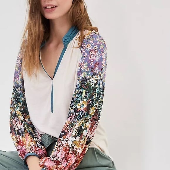 98 Anthropologie Boho Tiny Eleanor Floral Chiffon Balloon Long Sleeve Blouse 1X