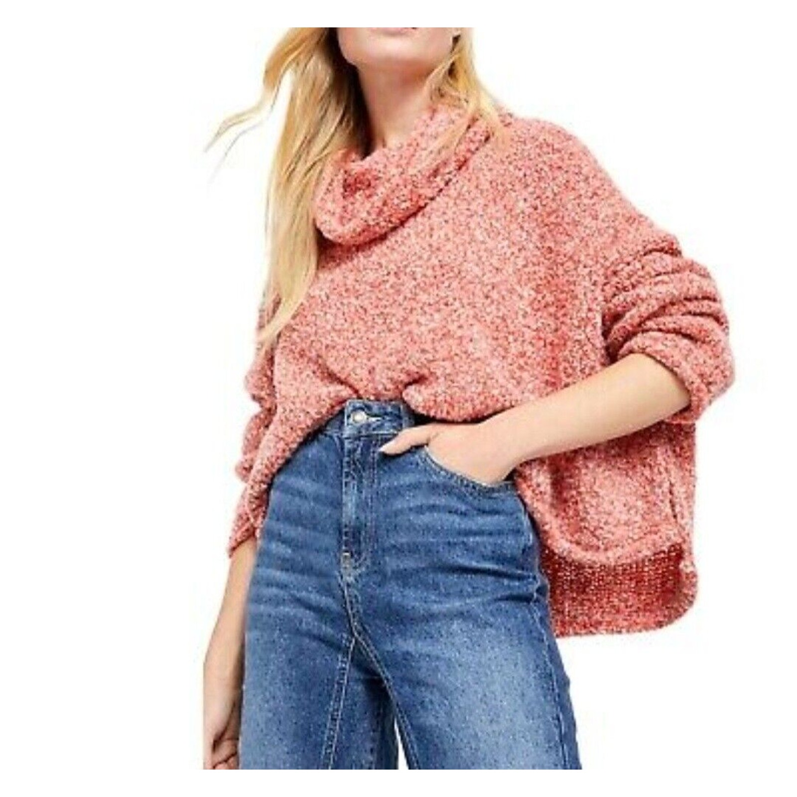 Free People BFF Cowl Neck Sweater Size Small Soft Orange Marled Cropped Slouchy