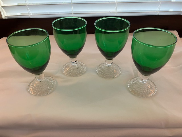 Bubble Foot Green by Anchor Hocking -Four Vintage Depression Glass Water Goblets
